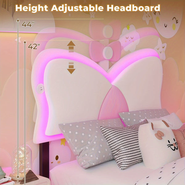 Twin Size Bed Frame With Storage Drawer LED Velvet Bed Frame Cute Girl Princess Twin Bed Butterfly Headboard Design No Box Spring Needed White
