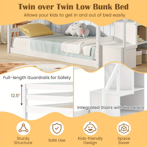 1pc COSTWAY Contemporary Twin Over Twin Low Bunk Bed with Storage Stairs - Solid Hardwood Frame with Particle Board, Full-length Guardrails, Slats Support for Kids, Teens, Adults - No Electricity Needed, White