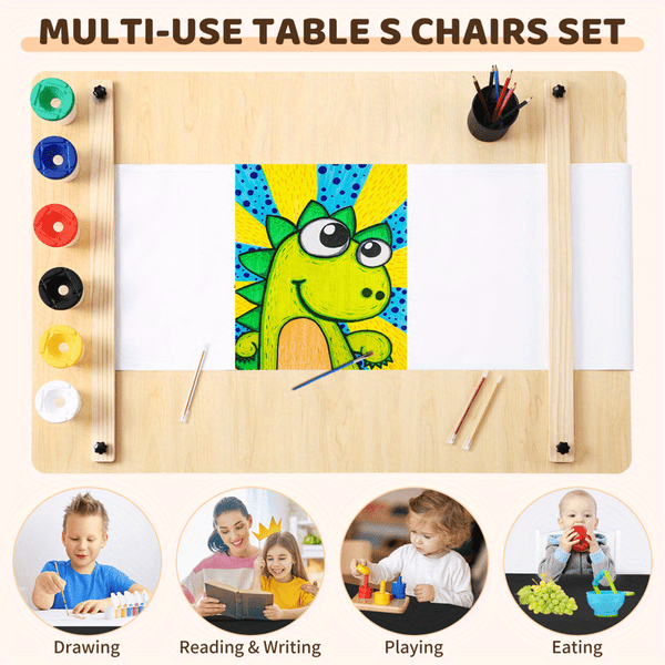Kojooin Youngsters' Art Table Set with 2 Chairs - Black & White Craft and Play Activity Table with 6 Storage Bins & Paper Roll, Drawing Table