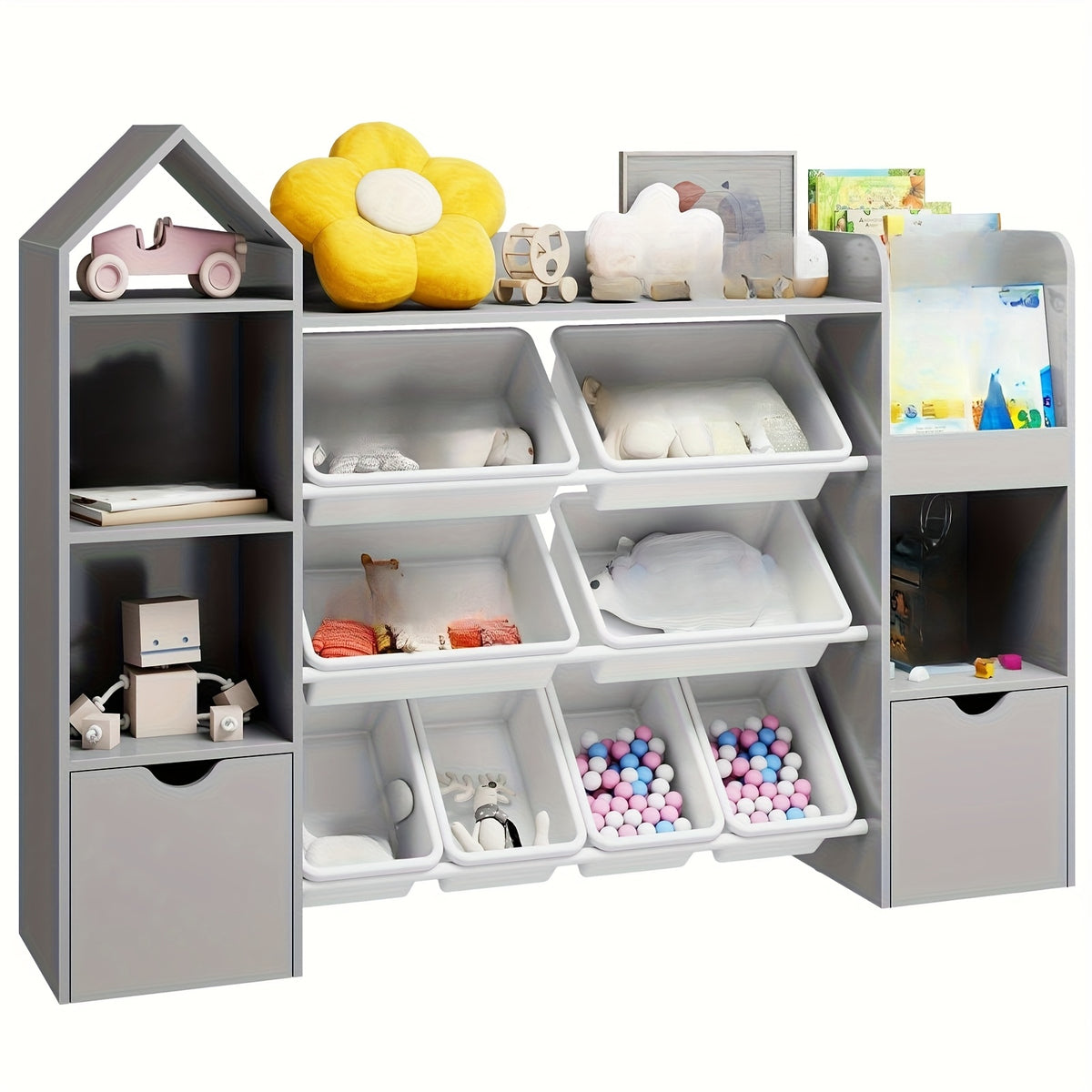 8-Bin Storage Organizer 8 Removable Bins, 4-Tier Shelf with 4 Cubbies Multifunctional Storage Organizer | Bookshelf and 2 Storage Boxes on Wheels, for Living Room, Office, Entryway, White