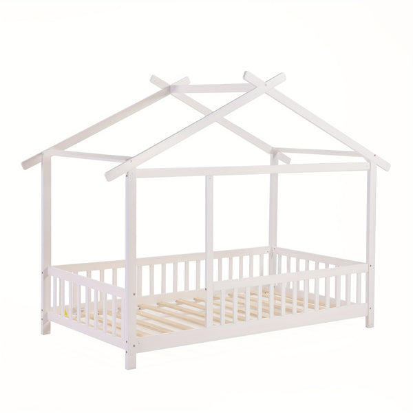 SOGES Wood Montessori House Bed Frame – Low Floor Bed With Fence & Guardrails, Bed Frame With House Roof Canopy, Decoratable Playhouse Bed, No Box Spring Needed