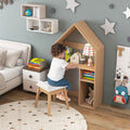 MULTIGOT Kids House-Shaped Table and Chair Set, 2-in-1 Kid's Toy Organizer Cabinet with Ample Storage & Extra Blackboard, Anti-toppling System, Toddler Wooden Desk & Chair for Drawing, Reading, Gift for Boys & Girls
