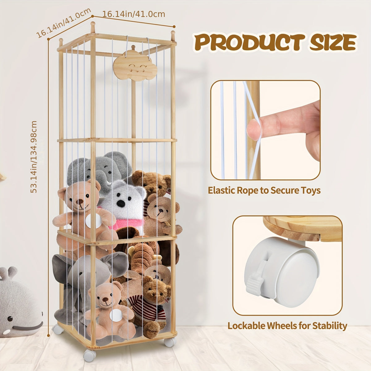 Zoo Animal Wooden Storage Rack 3-Tier Sturdy Zoo Animal Wooden Storage Rack with Elastic Rope & Lockable Wheels - Cedar Finish Lightweight Organizer for Stuffed Animals, Perfect for Bedroom, Ideal Christmas Gift