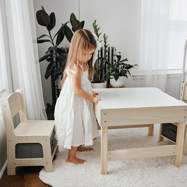 3 In1 Table And Chair Set, Kids Table And Chairs Ages 3-7 with Versatile Tabletop And Storage Drawer, Kids Sensory Table for Home, Nursery And Playroom. Premium Gift for Boys And Girls for Christmas And Halloween