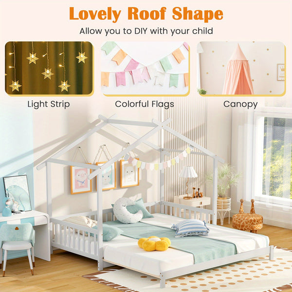 Versatile Extendable Youngsters' House Bed - Twin to King Size, with Roof & Safety Rails, Sturdy Wooden Frame for Teens, Boys & Girls - Easy-Access Low Profile Design, No Box Spring Needed - Available in Gray, Natural, White