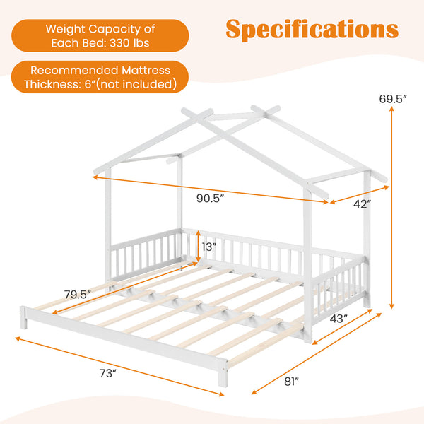 Versatile Extendable Youngsters' House Bed - Twin to King Size, with Roof & Safety Rails, Sturdy Wooden Frame for Teens, Boys & Girls - Easy-Access Low Profile Design, No Box Spring Needed - Available in Gray, Natural, White