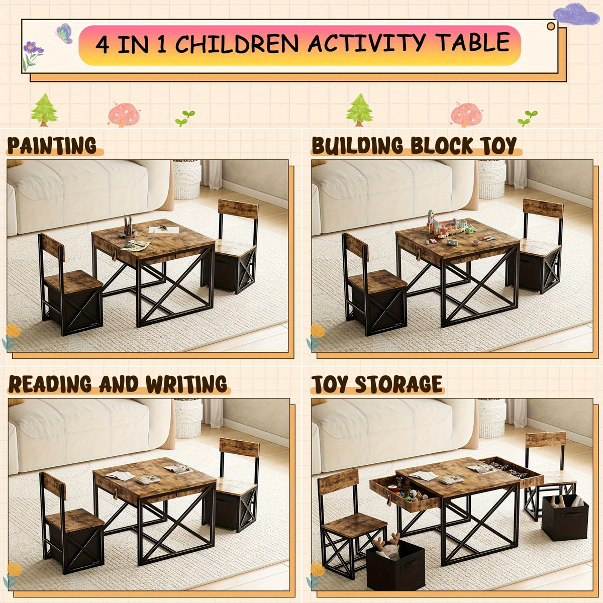 4-in-1 Kids Table and Chairs Set with Storage, Toddler Activity Desk for Crafts, Drawing, Reading - Ideal Furniture for Learning and Play, Youngsters'S Room Furniture|Stylish Dining Set|Secure Folding Chair, Youngsters Room Furniture