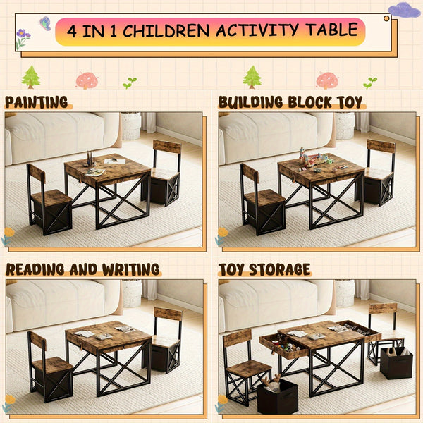 4-in-1 Kids Table and Chairs Set with Storage, Toddler Activity Desk for Crafts, Drawing, Reading - Ideal Furniture for Learning and Play, Youngsters'S Room Furniture|Stylish Dining Set|Secure Folding Chair, Youngsters Room Furniture