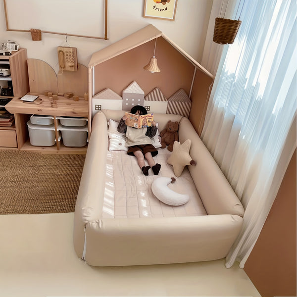 Portable Play Tent Bed with Detachable Canopy & Cushioned - Soft White Bed &, Indoor\u002FOutdoor Use, Sponge Guardrails - Bed Frame, Playhouse & Room