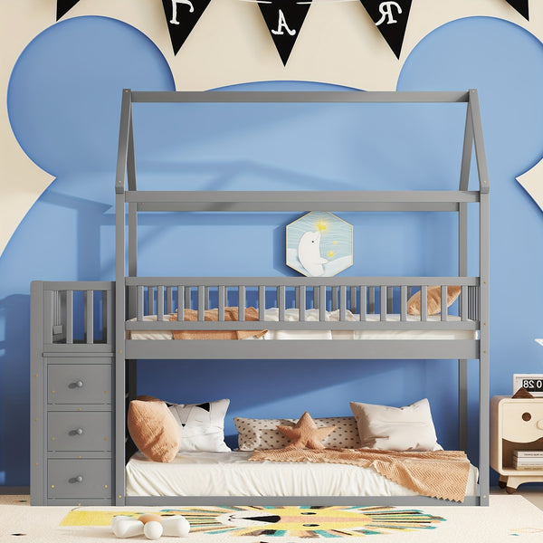 HOUSE BUNK BED WITH SHELVES AND DRAWERS FOR GREY COLOR