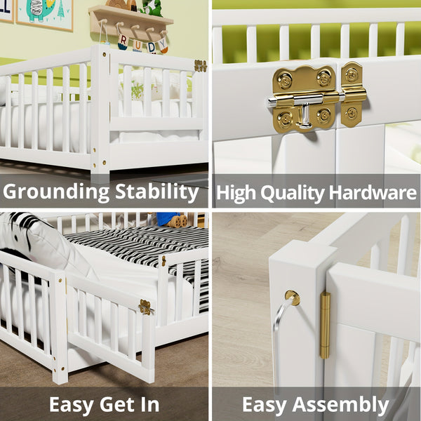 Kids' Double\u002FFull\u002FQueen Bed Frame, Solid Wood with Reinforced Horizontal Bars, High-Safety Safety Rail and Fun Small Door Design, Durable Bed Suitable for Girls and Boys, Helps Develop Independence, Easy to Assemble