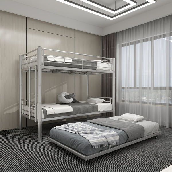 Twin Over Twin Bunk Bed With Trundle, Metal Bunkbeds With Ladder And Full-Length Guardrail, Noise Free, No Box Spring Needed
