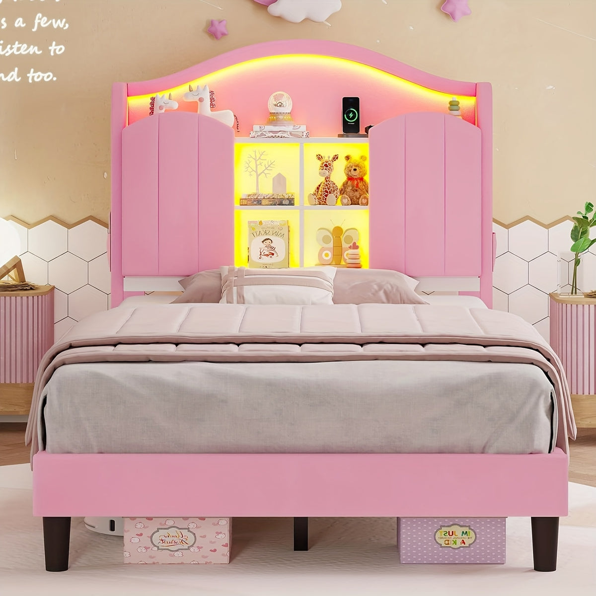 Upholstered Princess Twin Bed with LED Lights & Power Outlts, Storage Headboard Platform Bed