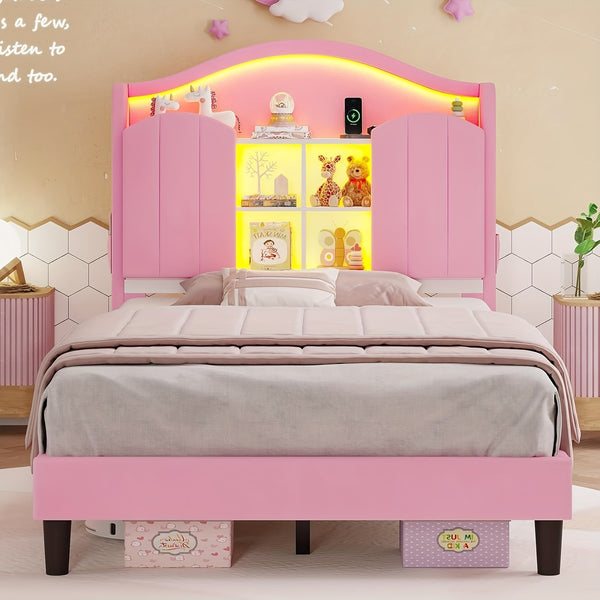 Upholstered Princess Twin Bed with LED Lights & Power Outlts, Storage Headboard Platform Bed