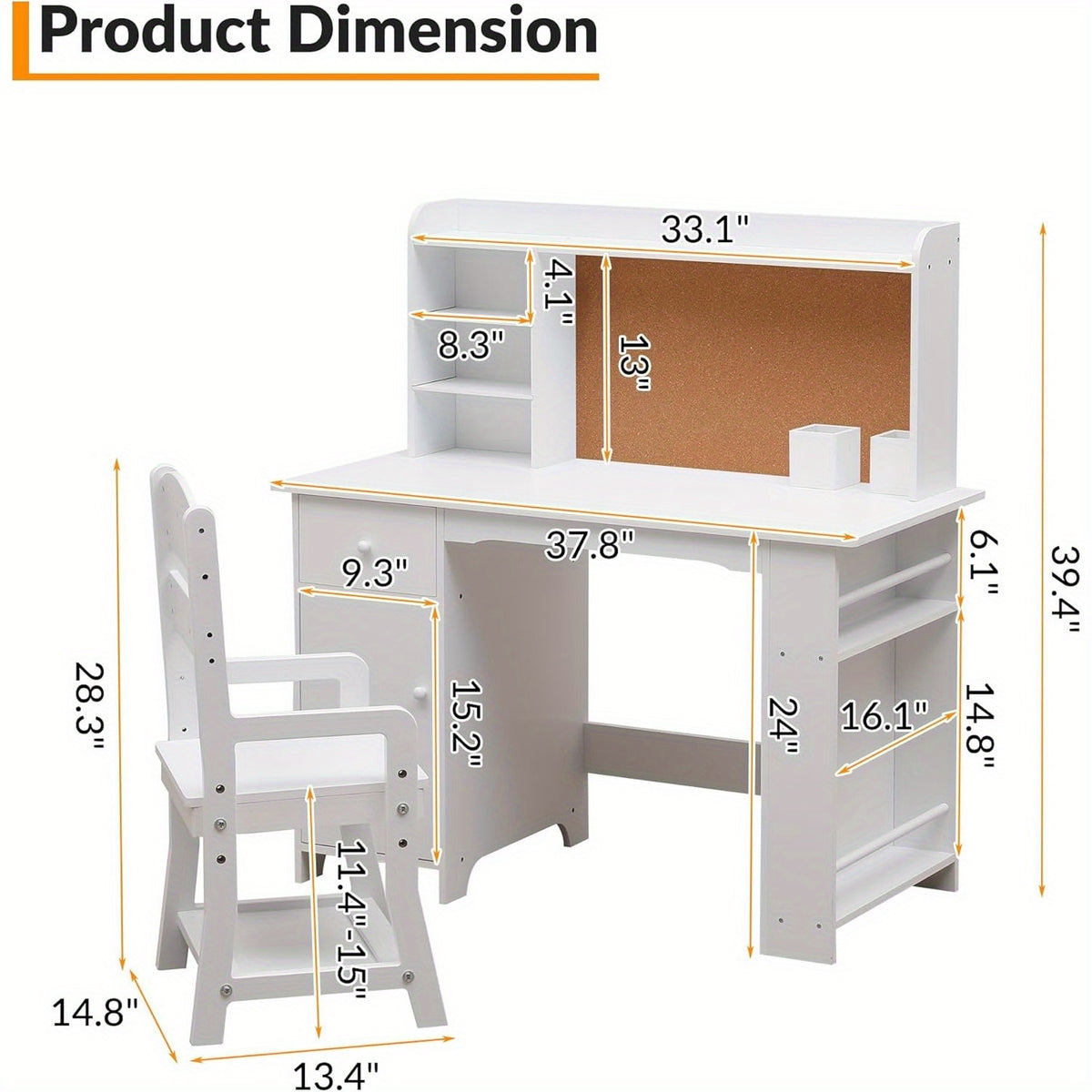 Study Desk and Chair Set for Children, Study Table for Children- Features Bookshelf, Bulletin Board, Cabinets and Drawer, White