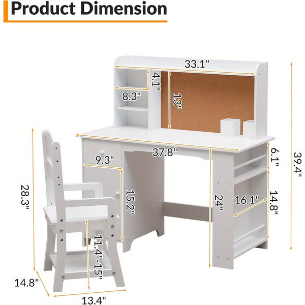 Study Desk and Chair Set for Children, Study Table for Children- Features Bookshelf, Bulletin Board, Cabinets and Drawer, White