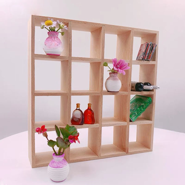 16-Grid Miniature Dollhouse Cabinet - Beige & White Mini Furniture with 16 Compartments, Realistic Display Case for Dollhouse, Dolls, Miniature Collections - Compatible with Dolls House International (DHI) & Model Rooms