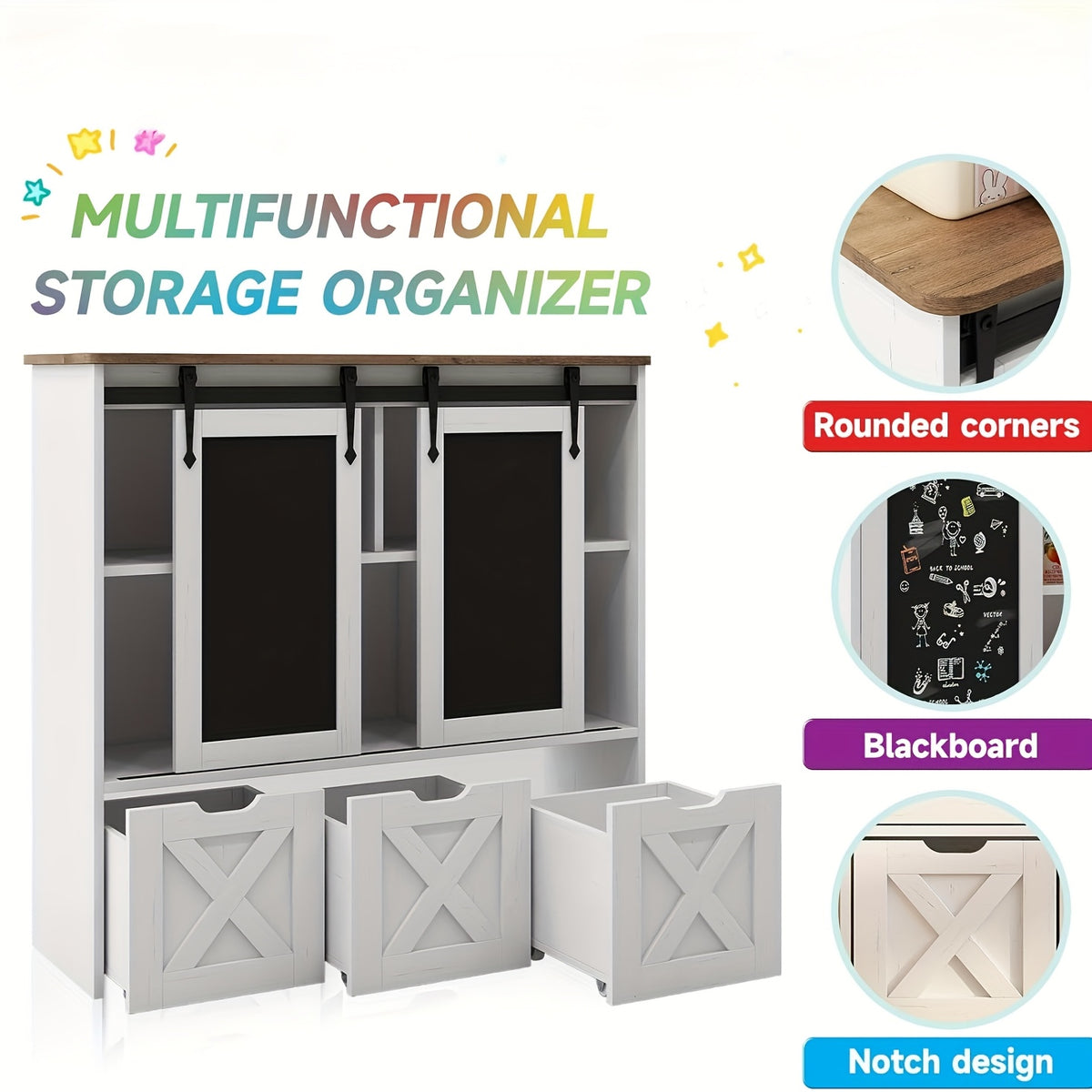 Storage Organizer With Sliding Blackboard, Bookshelf And Bookcase With 3 Movable Drawers & 5 Storage Cubbies, Multifunctional Storage Cabinet Chest For Playroom, Bed Room
