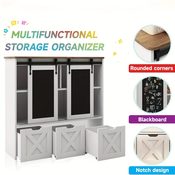 Storage Organizer With Sliding Blackboard, Bookshelf And Bookcase With 3 Movable Drawers & 5 Storage Cubbies, Multifunctional Storage Cabinet Chest For Playroom, Bed Room