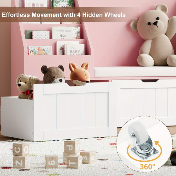55.1'' White Bookshelf, Bookshelf With Reading Corner, Storage Cabinet With Seat Cushion And 3 Movable Drawers, Storage Bins And Storage Cabinet With Bench For Playroom, Living Room