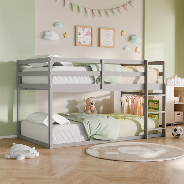 Bunk Low Bed, Solid Wood Twin Bunk Bed Frame With Full Guardrails And Integrated Ladder, Floor Bunk Bed For Bedroom
