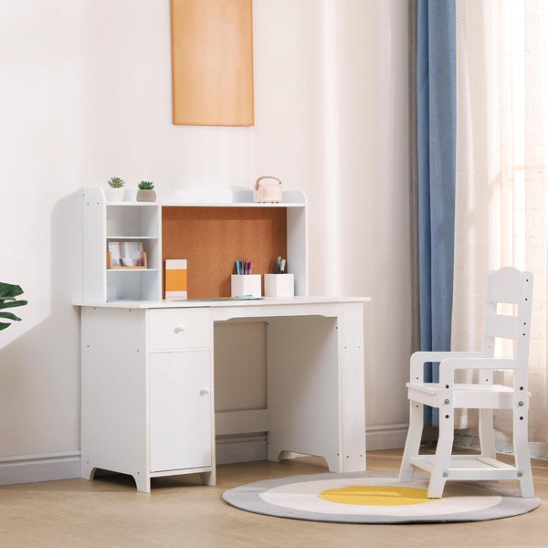 Study Desk and Chair Set for Children, Study Table for Children- Features Bookshelf, Bulletin Board, Cabinets and Drawer, White