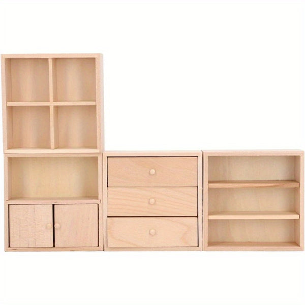 Miniature Wooden Cabinet DIY Miniature Wooden Cabinet - 1:12 Scale Dollhouse Diorama with Drawers & Open Shelves | Realistic Storage Furniture, Khaki Doll Accessories for Room Decor