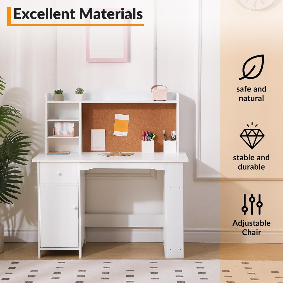 Study Desk and Chair Set for Children, Study Table for Children- Features Bookshelf, Bulletin Board, Cabinets and Drawer, White