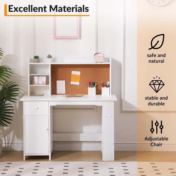 Study Desk and Chair Set for Children, Study Table for Children- Features Bookshelf, Bulletin Board, Cabinets and Drawer, White