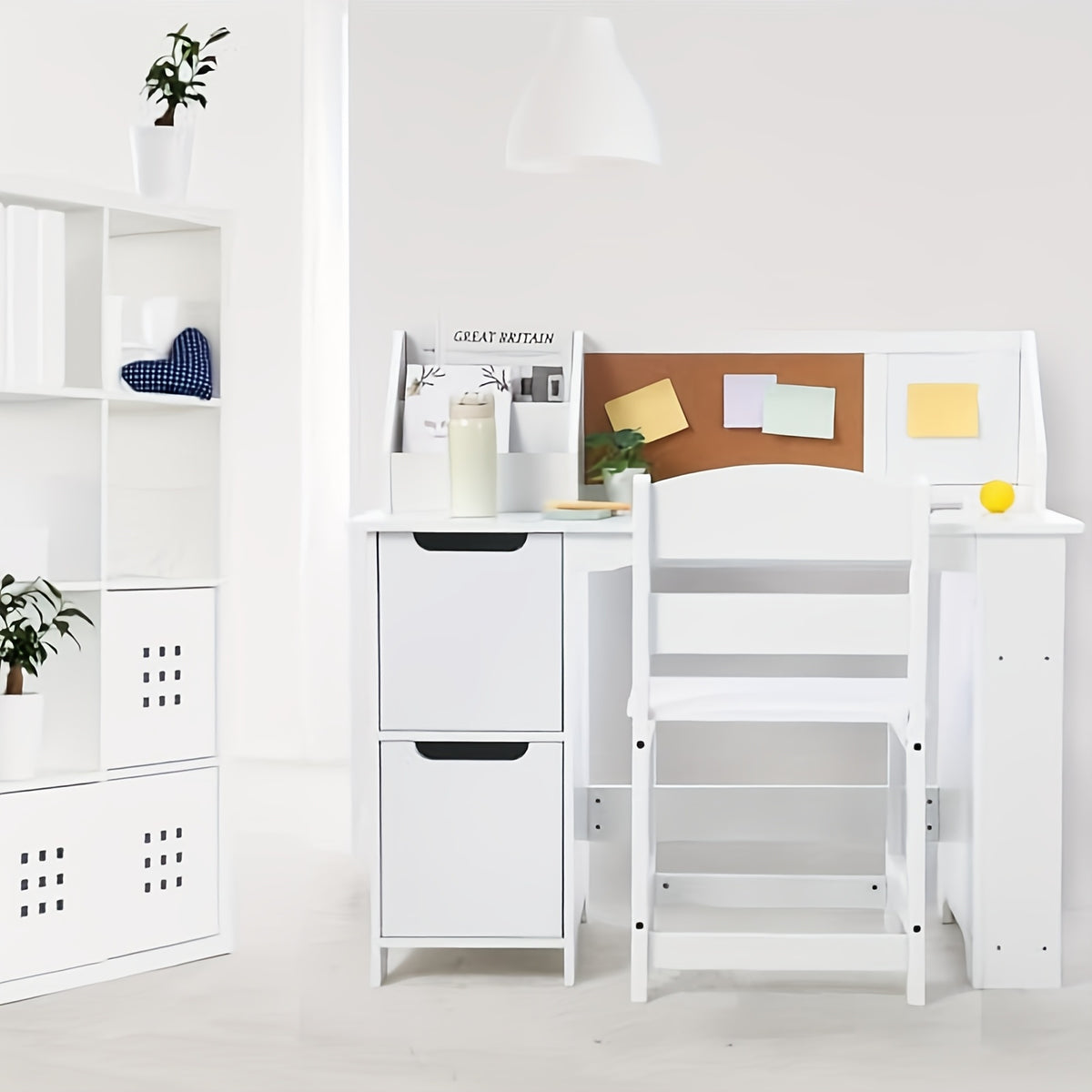 GAOMON Study Desk And Chair Set, Wooden School Learning Table With Storage, Hutch And Bulletin Board, Children Computer Desk With Chair, Small Toddler Desk For Home, School, White