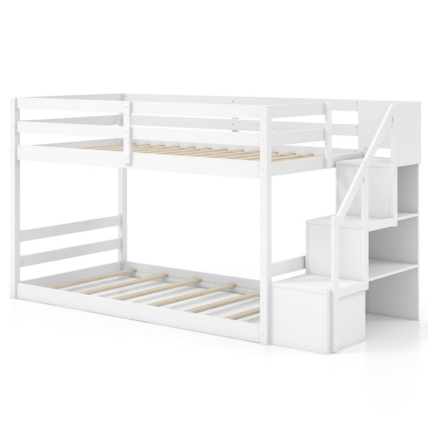 1pc COSTWAY Contemporary Twin Over Twin Low Bunk Bed with Storage Stairs - Solid Hardwood Frame with Particle Board, Full-length Guardrails, Slats Support for Kids, Teens, Adults - No Electricity Needed, White