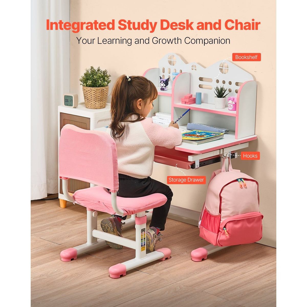 VEVOR Kids Study Chair and Desk Set, Study Desk and Chair for Kids with Bookshelf and Storage Drawer, Adjustable Height Kids Study Desk with Chair, Children Study Table for Bedroom & Study Room, Pink\u002Fblue 20.5-40.34inch\u002F20.5-43.5inch