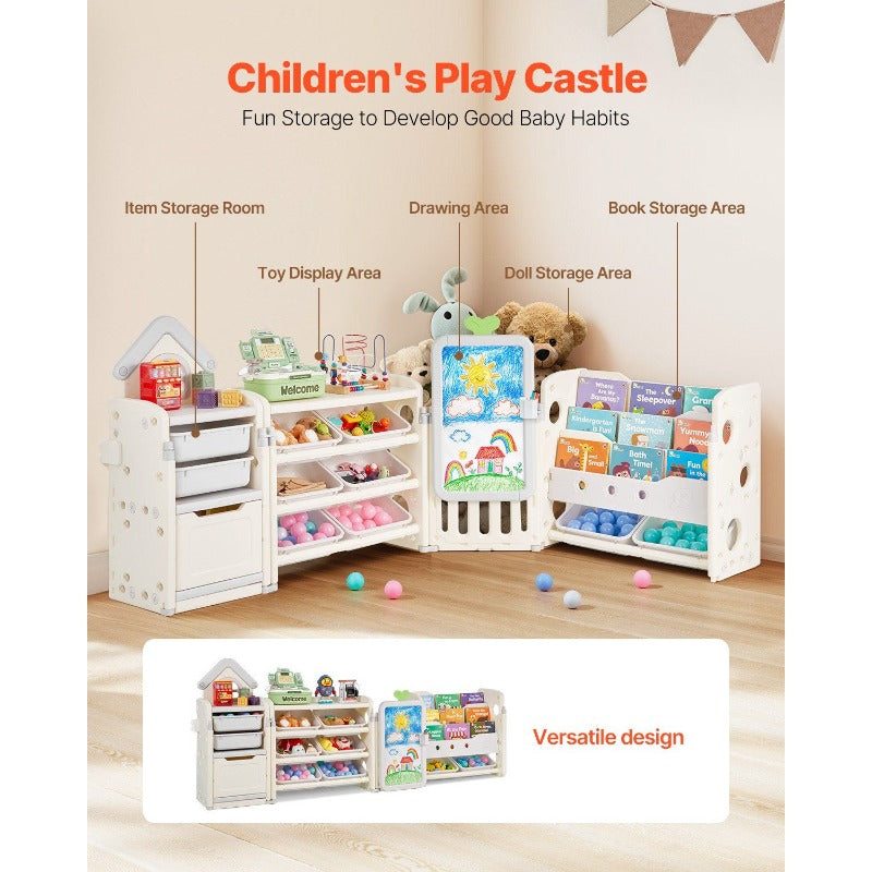 Serve with heart Toy Storage with Bookshelf 4-Tier Large Toy Storage Organizer with 10 Plastic Movable Bins Cubby Cabinet with Bookshelf and Drawing Board for Study Room Playroom Classroom Nursery Focus on quality