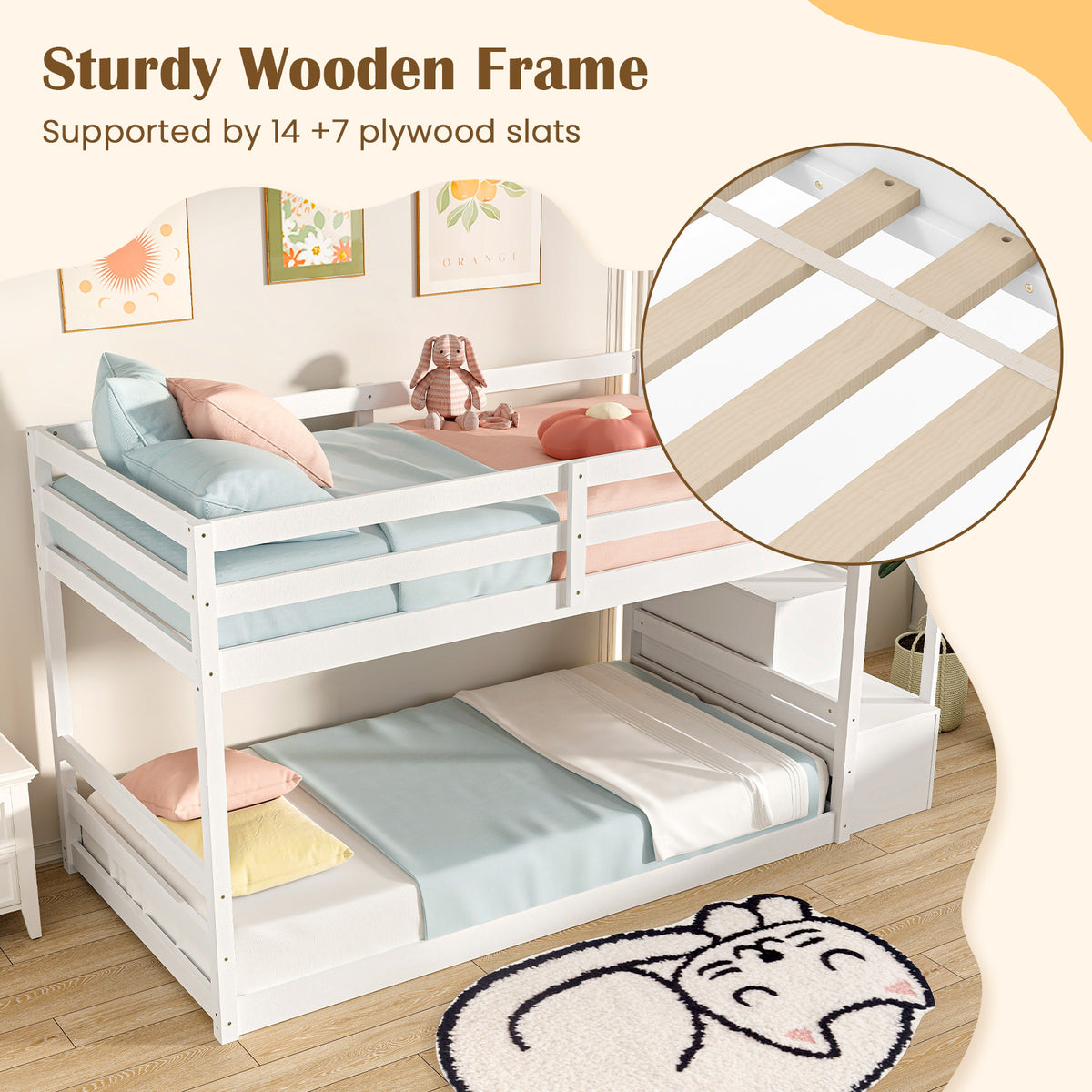 1pc COSTWAY Contemporary Twin Over Twin Low Bunk Bed with Storage Stairs - Solid Hardwood Frame with Particle Board, Full-length Guardrails, Slats Support for Kids, Teens, Adults - No Electricity Needed, White