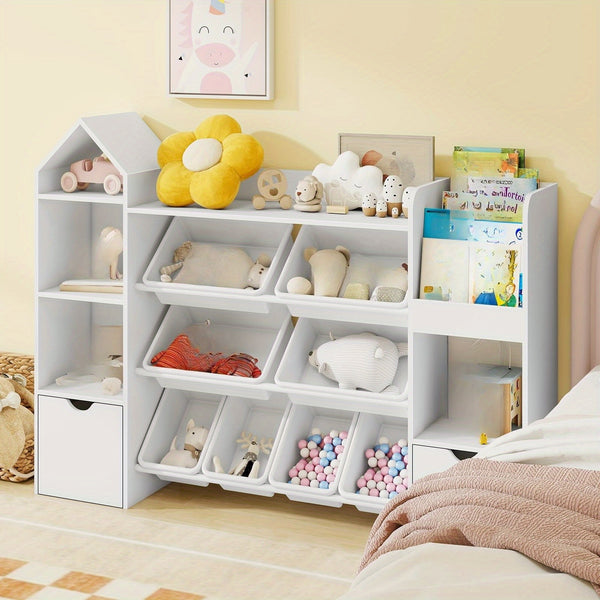 8-Bin Storage Organizer 8 Removable Bins, 4-Tier Shelf with 4 Cubbies Multifunctional Storage Organizer | Bookshelf and 2 Storage Boxes on Wheels, for Living Room, Office, Entryway, White