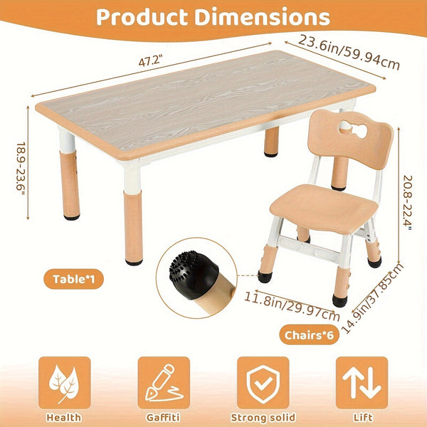 Kids Table And 6 Chairs Set, Rectangular Plastic Graffiti Desk, Preschool Activity Art Craft Table, for Boys And Girls Halloween Christmas Gifts
