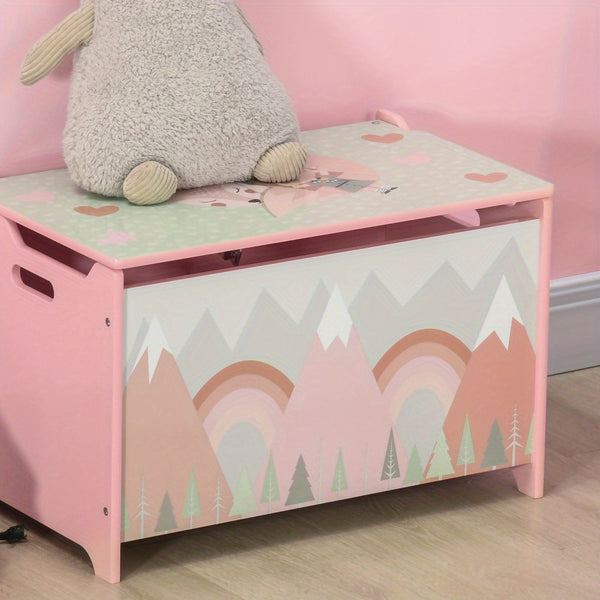 Storage Box with Lid, Toy Chest Storage Organizer with Safety Hinge, Cute Animal Design, Pink