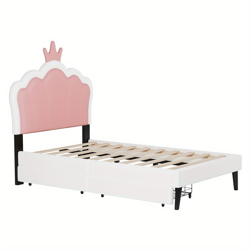 Twin Size Upholstered Princess Bed With Crown Headboard and 2 Drawers, Twin Size Platform Bed with Headboard and Footboard, Pink+White