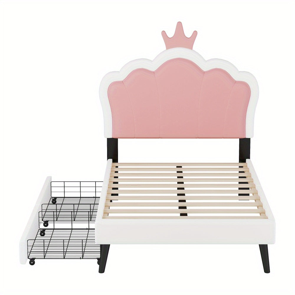 Twin Size Upholstered Princess Bed With Crown Headboard and 2 Drawers, Twin Size Platform Bed with Headboard and Footboard, Pink+White