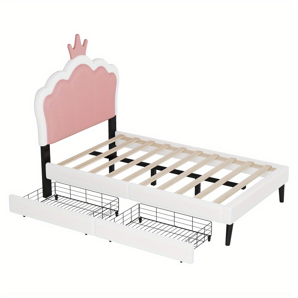 Twin Size Upholstered Princess Bed With Crown Headboard and 2 Drawers, Twin Size Platform Bed with Headboard and Footboard, Pink+White
