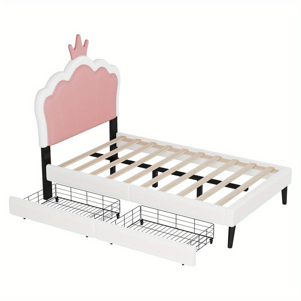 Twin Size Upholstered Princess Bed With Crown Headboard and 2 Drawers, Twin Size Platform Bed with Headboard and Footboard, Pink+White
