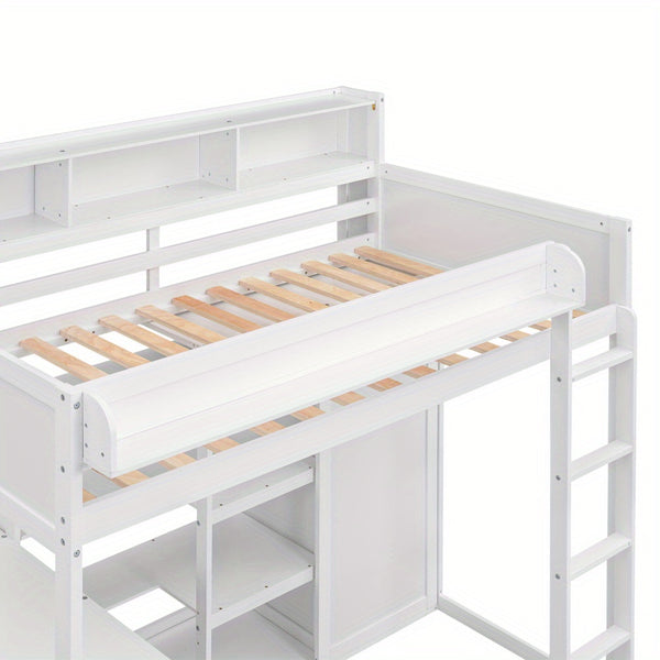 Wood Twin Size Loft bed with Multiple Storage Shelves and Wardrobe, White