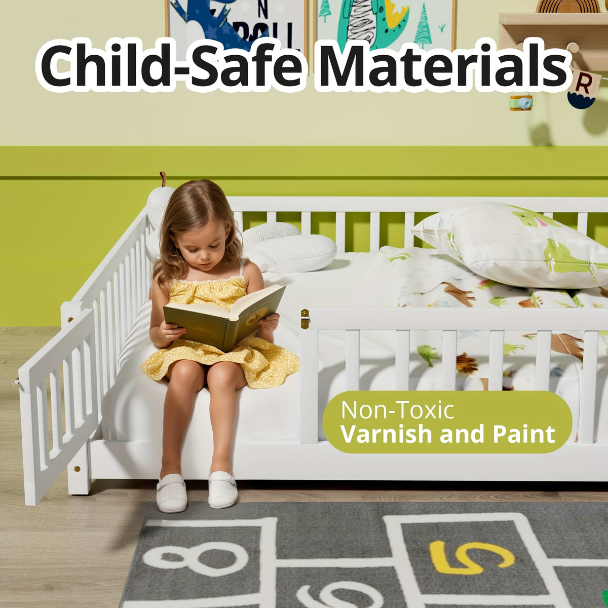 Kids' Double\u002FFull\u002FQueen Bed Frame, Solid Wood with Reinforced Horizontal Bars, High-Safety Safety Rail and Fun Small Door Design, Durable Bed Suitable for Girls and Boys, Helps Develop Independence, Easy to Assemble