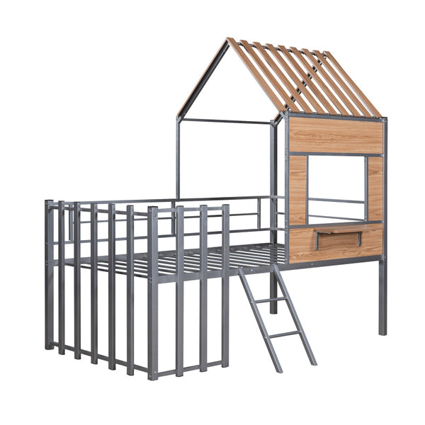 Metal Twin size Loft Bed with Roof Window Guardrail Ladder Silver