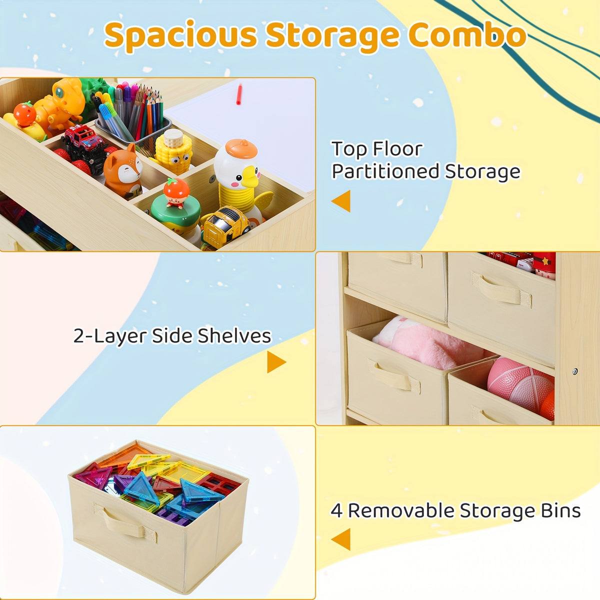 Children'S Table With 2 Chairs, Children'S Seating Group With Storage Space, Wooden Children'S Table Chair Set, Painting Table Desk With Paper Roll And 4 Storage Boxes, Children'S Table For School Daycare