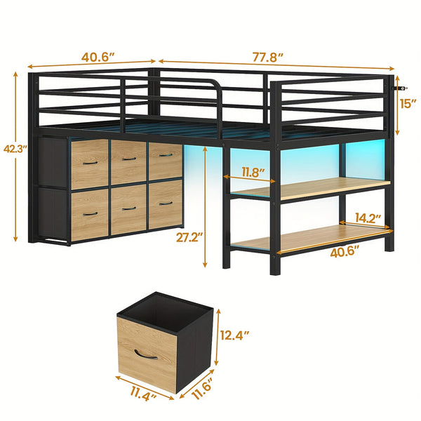 Storage Loft Bed With LED Metal Twin Loft Bed With 6 Storage Drawers & Open Shelves | LED Lights, 15\