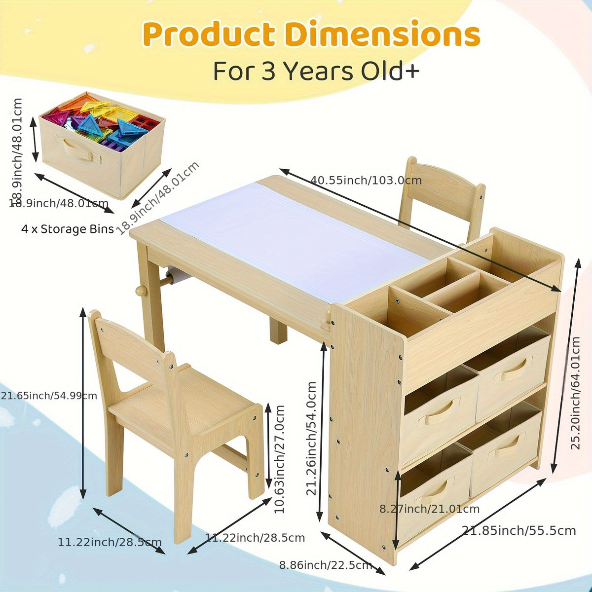 Children'S Table With 2 Chairs, Children'S Seating Group With Storage Space, Wooden Children'S Table Chair Set, Painting Table Desk With Paper Roll And 4 Storage Boxes, Children'S Table For School Daycare