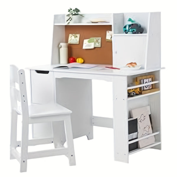 GAOMON Study Desk And Chair Set, Wooden School Learning Table With Storage, Hutch And Bulletin Board, Children Computer Desk With Chair, Small Toddler Desk For Home, School, White
