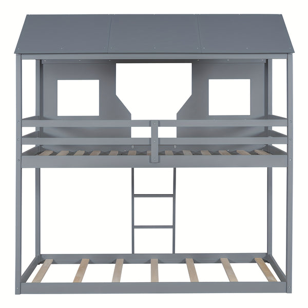 Twin Over Twin Bunk Bed Wood Bed With Roof, Window, Guardrail, Ladder