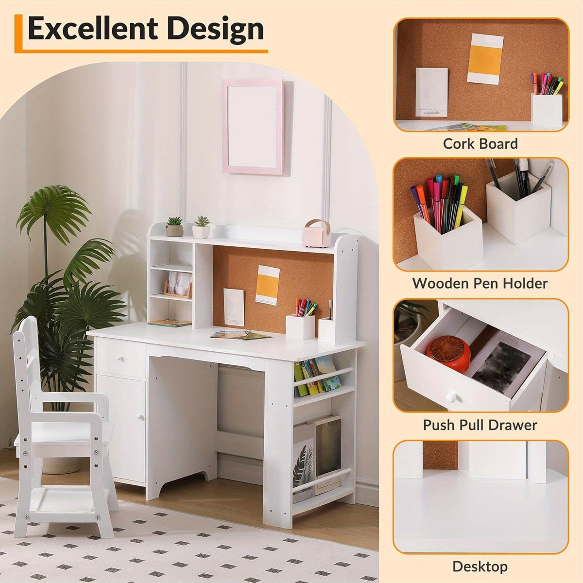 Study Desk and Chair Set for Children, Study Table for Children- Features Bookshelf, Bulletin Board, Cabinets and Drawer, White